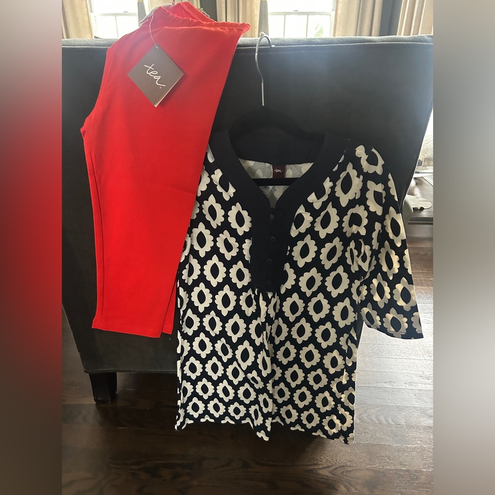 Tea Collection Navy and White Patterned Set with Red Pants